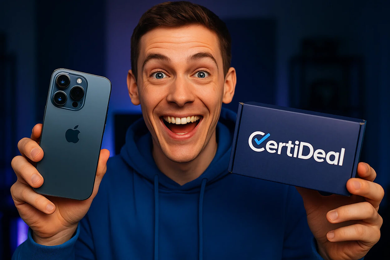 Un expert tech avec un iPhone 15 reconditionné par Certideal et son packaging
