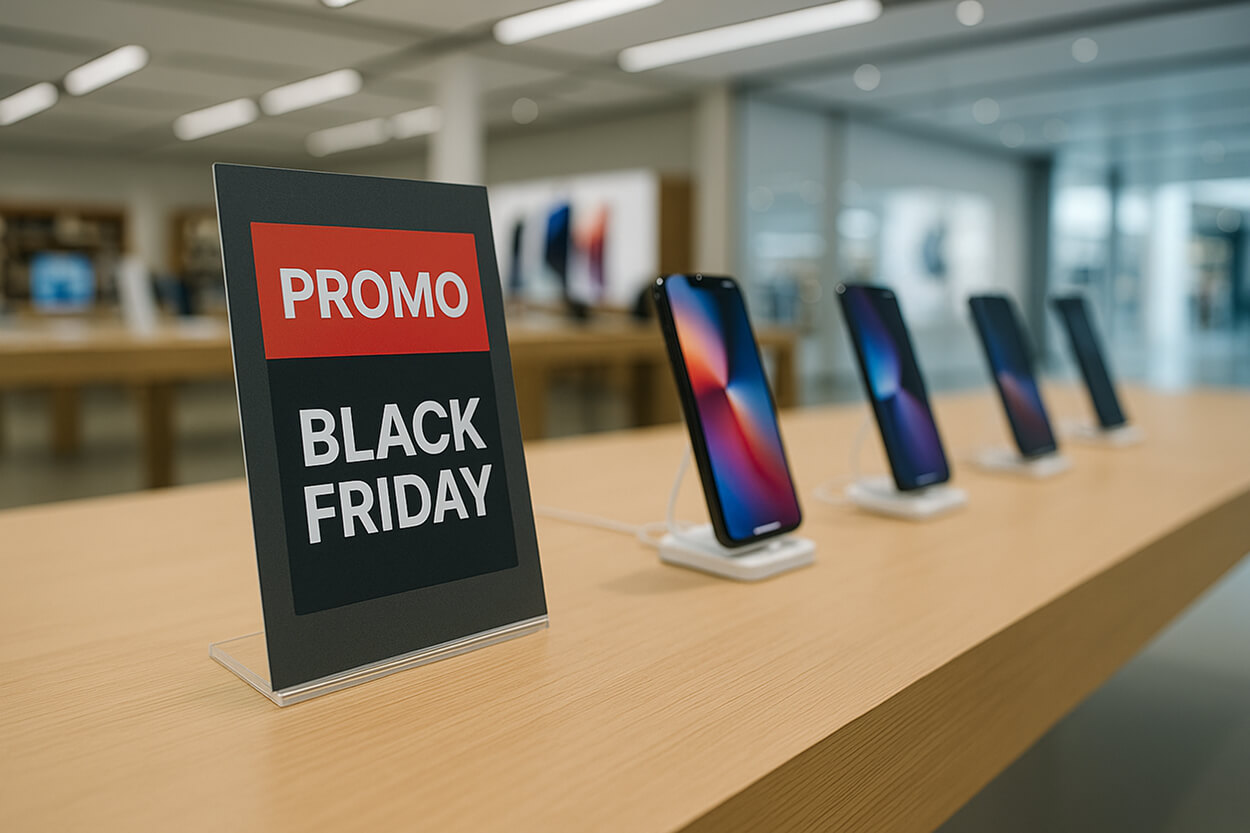 Dans un magasin, plusieurs smartphones exposés sur une table avec une pancarte Black Friday bien visible