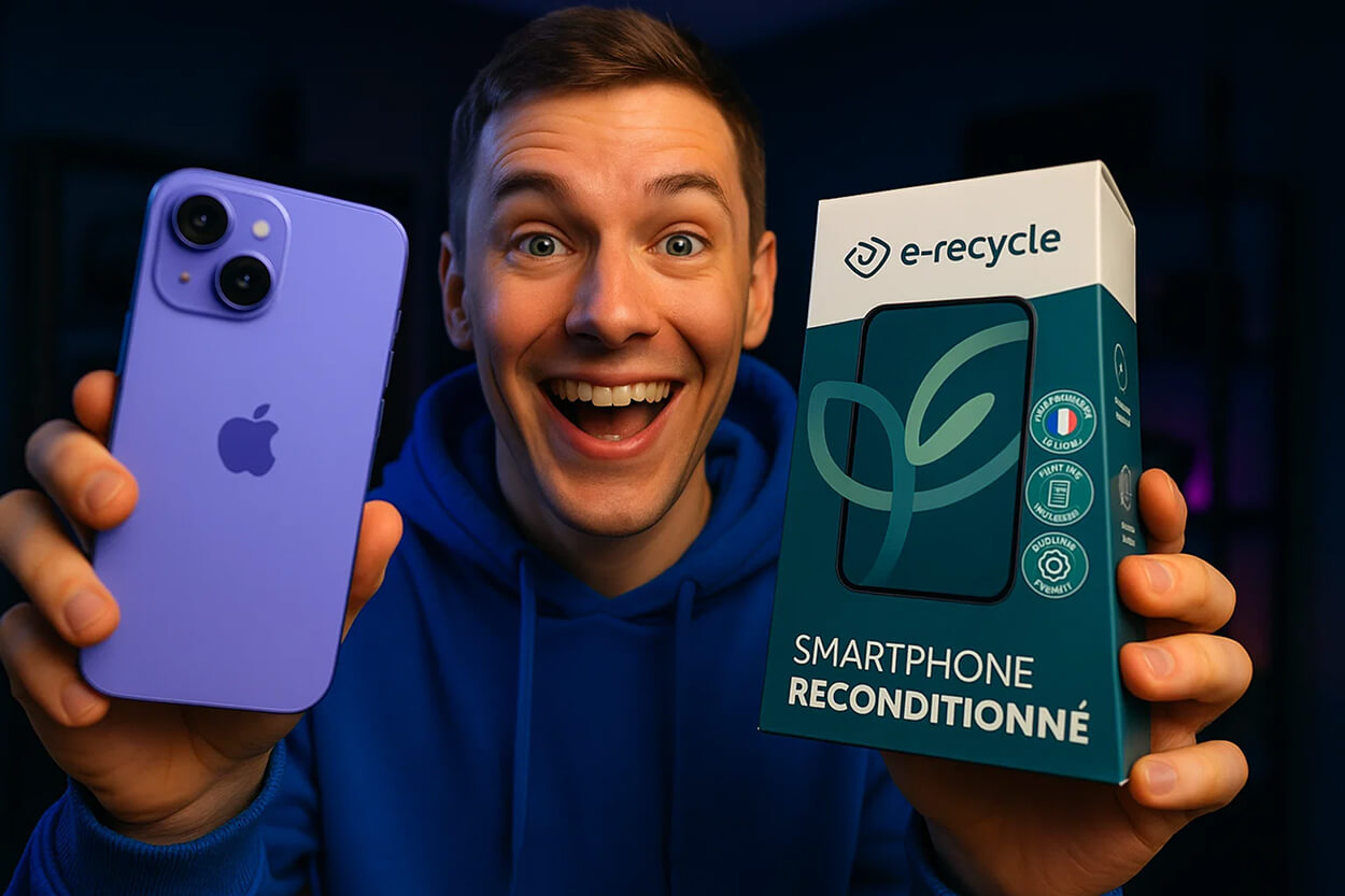 Expert tech en train de déballer un iPhone 16 reconditionné par e-Recycle